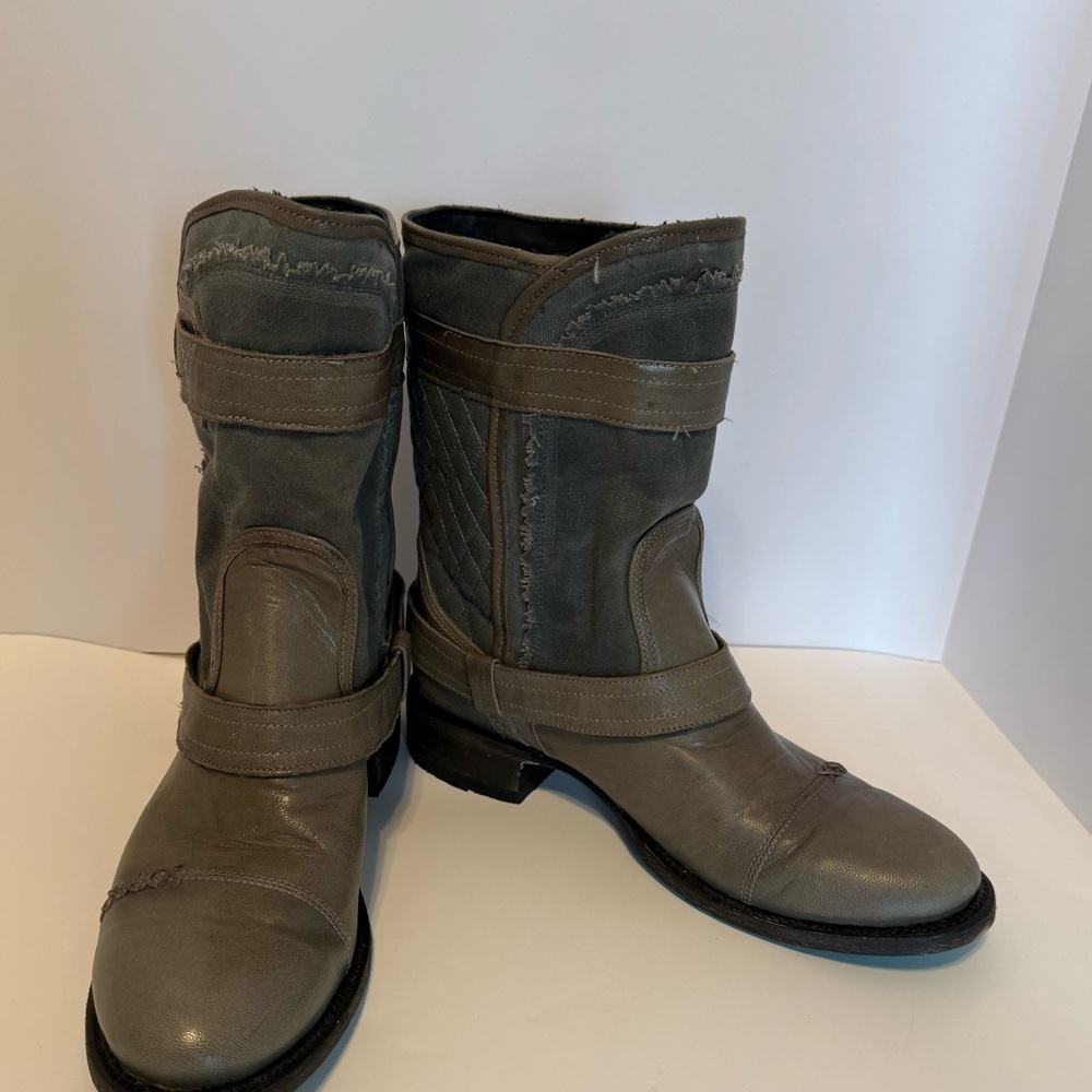 NIB LANE JUNK GYPSY DUSTOFF GRAY LEATHER CANVAS WESTERN MOTO ZIP BOOTS SZ 9